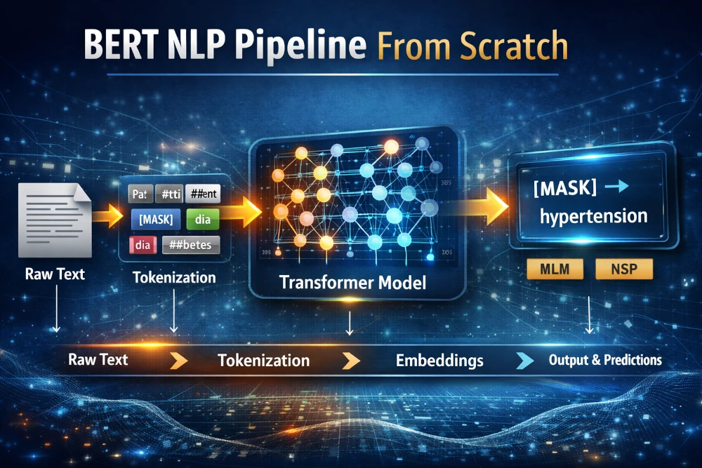 BERT NLP pipeline from scratch showing tokenization, embeddings, transformer model, MLM and NSP prediction process